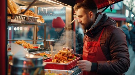 Man buying a burger at a street food stand