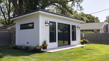 A contemporary white backyard shed with a flat roof, large doors, and surrounded by greenery