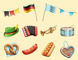 3D Oktoberfest beer festival food and elements isolated on beige background.
