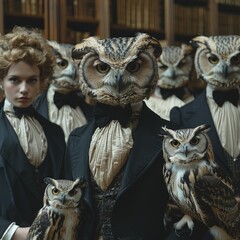 The image shows a group of people wearing owl masks. They are all dressed in formal attire and standing in a library. The owls are all staring at the camera.