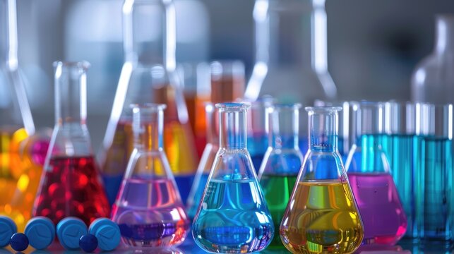 Chemistry lab glassware with colorful liquid. AIG535