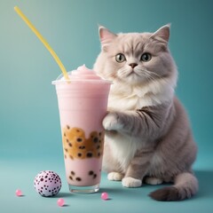 cat holding bubble tea