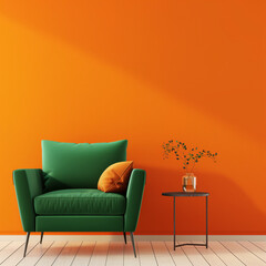 Home interior with green armchair and sofa on empty orange wall background.