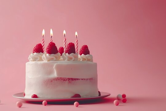 Raspberry Birthday Cake with Candles on Pink Background