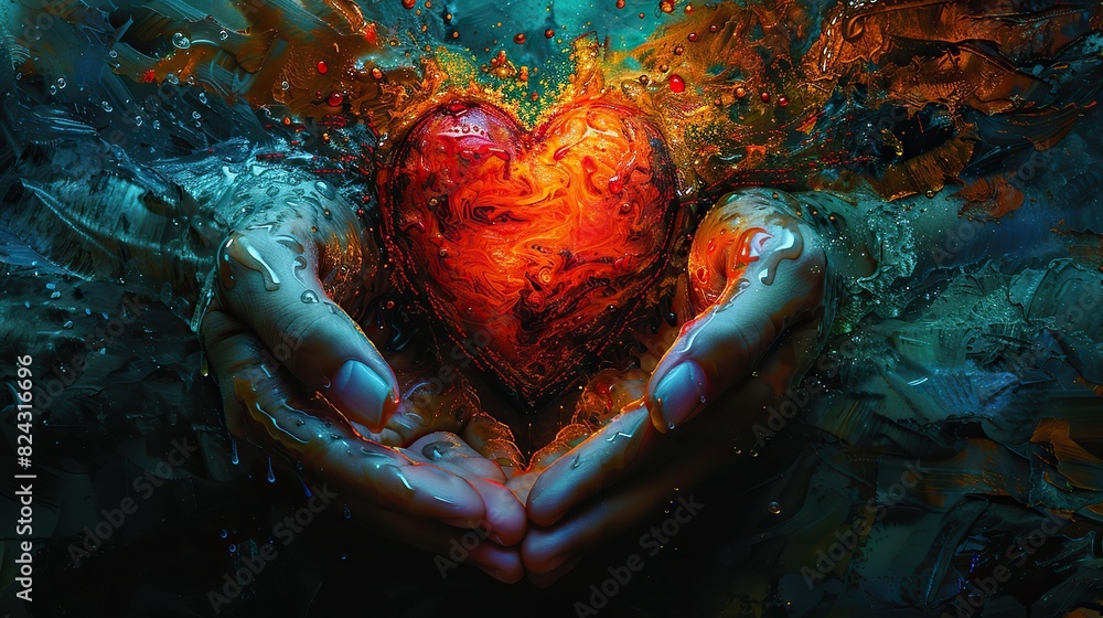 Poster an abstract depiction of hands forming a protective layer around a heart. stock image