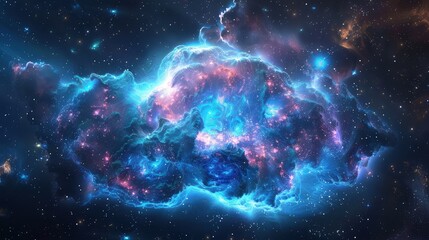 An enchanting space galaxy cloud glowing in vibrant blues and pinks, surrounded by a starry night sky and shimmering cosmic dust.