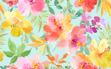 Colorful hibiscus pastel seamless pattern
