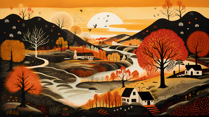 fall landscape at sunset landscape abstract illustration decorative painting