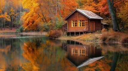 Fototapeta premium A quaint wooden cabin surrounded by autumn-colored trees and a small lake reflecting the foliage. 