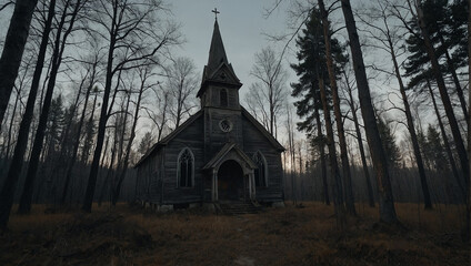 small, wooden church is surrounded by a dark, spooky forest.