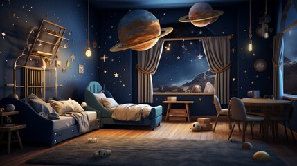 Digital Backdrop for Kids of Space Themed Kids Room with Planets Stars and Rocket Bed
