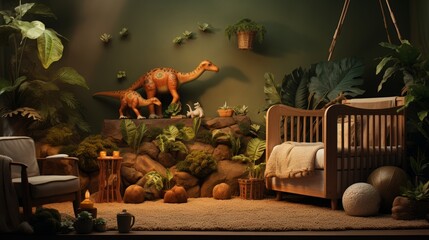 Dinosaur Themed Nursery Room with Jungle Decor and Cozy Crib Digital Background for Kids