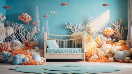 Underwater Themed Kids Room with Coral Reef and Fish Digital Backdrop