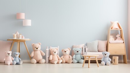 Blue Pastel Themed Kids Room with Teddy Bears Digital Backdrop for Photography