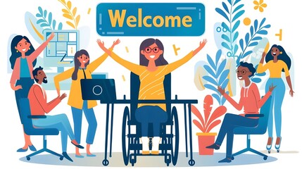 Diverse business people, disabled woman in wheelchair being hired, success and winning of DEI. Teamwork colleagues with handicapped worker friend, vector illustration, modern office at background.