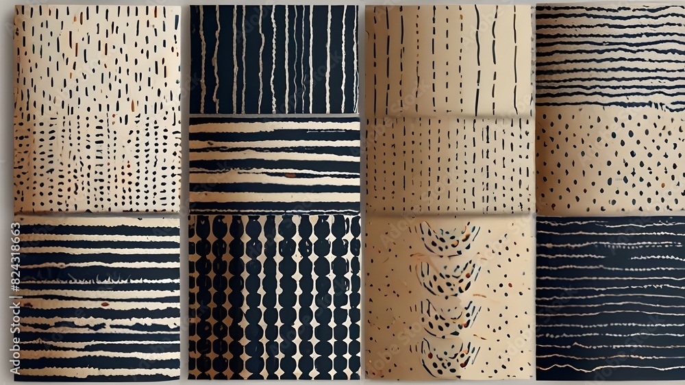 Aufkleber abstract hand drawn geometric simple minimalistic seamless patterns set. polka dot, stripes, waves, 