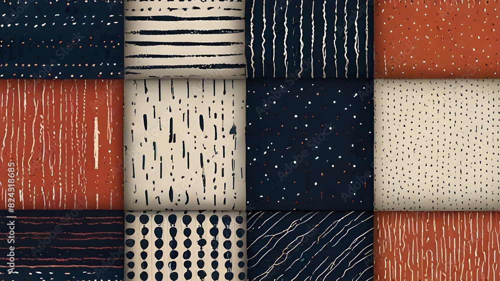 Poster abstract hand drawn geometric simple minimalistic seamless patterns set. polka dot, stripes, waves, 