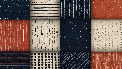 Abstract hand drawn geometric simple minimalistic seamless patterns set. Polka dot, stripes, waves, random symbols textures. Vector illustration Generative AI 