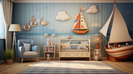 Beach Inspired Nursery with Sailboats and Ocean Themed Decor Digital Backdrop for Photography for Kids