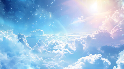 Shining sky with clouds heaven concept with suny view with pinkish and bluey background