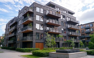 Obraz premium A modern apartment building in the city. The facade is made of dark grey and light brown brick with wooden accents on the balconies