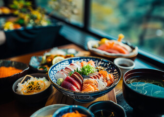 Sashimi Japanese food, Sashimi set with wasabi, fish, shrimp in plate of Assorted. fresh slide mix fish set on ice menu in restaurant. Generative AI