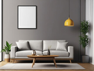 Mockup poster frame on the wall of living room. Luxurious apartment background.
