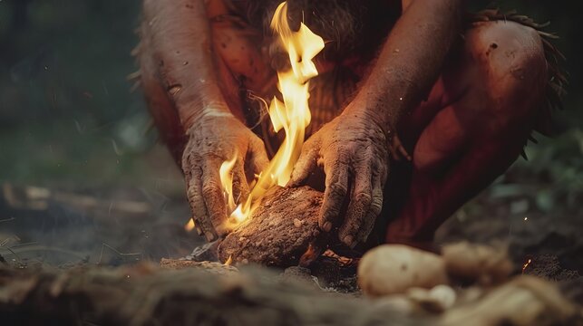 Show a group of early humans using fire for the first time to cook meat, transforming their diet and way of life, Close up