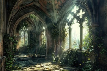 An abandoned gothic room with broken windows, ivy and plants growing through the walls, sunlight streaming in from an arched window, ornate details on the wall paintings, fantasy art style - Powered by Adobe