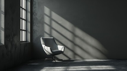 Minimalist chair in a dark room with a barred window, moody lighting enhancing the space, perfect for innovative interior design ideas