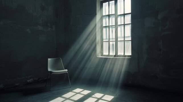 Minimalist chair in a dark room with a barred window, moody lighting enhancing the space, perfect for innovative interior design ideas