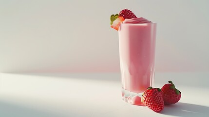 A serene depiction of a strawberry smoothie, exquisitely presented on a flawless white background, evoking a sense of tranquility
