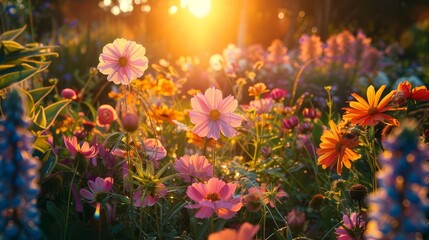 Show a lush garden in full bloom during the spring equinox, with flowers and plants awakening to equal parts of sunlight and darkness, Close up