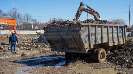 Emptying a rubblefilled dumpster into a larger one for transport offsite.