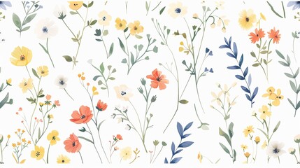Colorful Wildflowers and Leaves on White Background