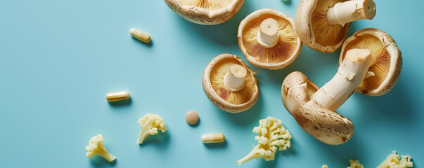 An overhead view of mushroom supplements
