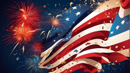 illustration of independence day background with bursting fireworks and america flag