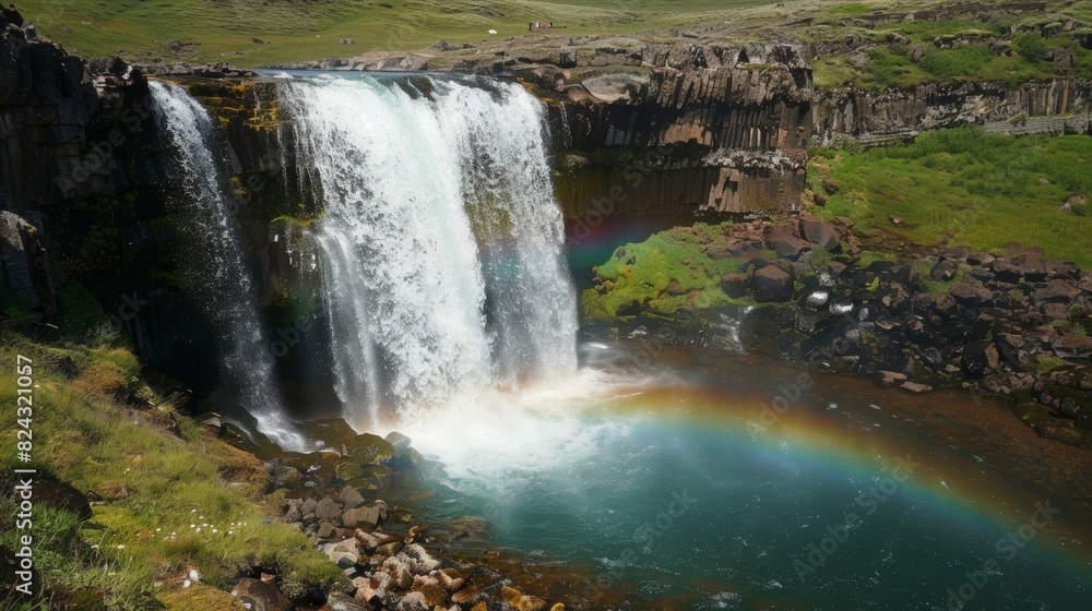 Poster a pristine waterfall in a remote location with a stunning rainbow appearing as if by magic.