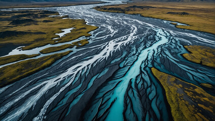  braided river with light blue water flowing through a green grassy plain