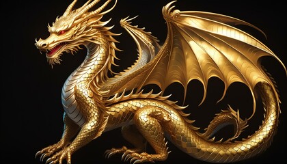 A golden dragon with a full body, isolated on a black background