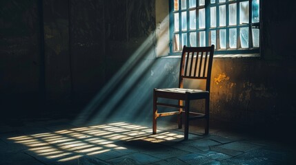 Interior design shot of a chair in a dark room, barred window casting intricate shadows, perfect for creating a moody atmosphere