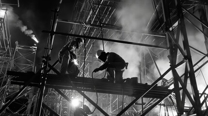 Against a backdrop of welding equipment and safety gear a group of welders work diligently to assemble a massive metal structure.