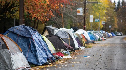 Homeless encampment with tents lining the roadside, people sleeping within, a raw portrayal of urban hardship and resilience