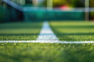 Beautiful blurred background of an artificial tennis court with white lines on green grass, with a...