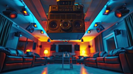 commercial photo, close-up, home theater setup, bottom view, soft light