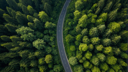 aerial view of a road winding through a lush green forest
