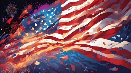 Concept illustration of a moving American flag honoring the Fourth of July, the nation's independence day, featuring fireworks, color splashes, explosions, and vibrant colors