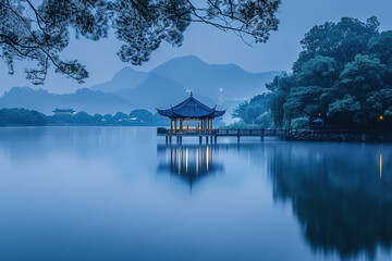 Fototapeta premium The pavilion in the center of the lake and the mountains in the distance