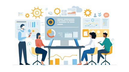 Illustration of business team analyzing financial data on a large screen, surrounded by charts, graphs, and innovation icons in a modern office.