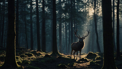  deer with large antlers is standing in a dense forest.